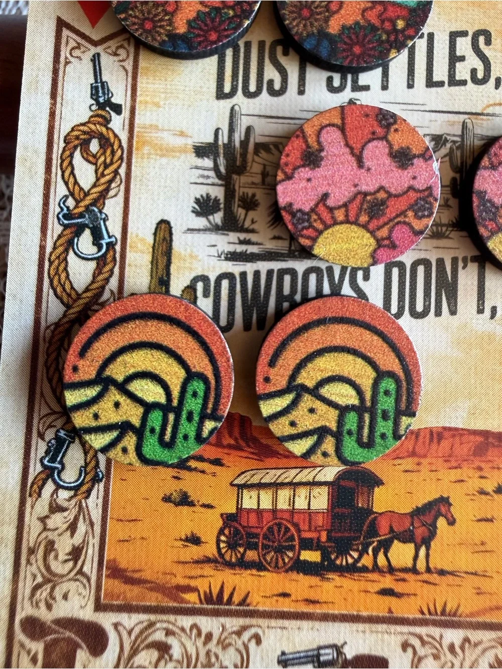 NEW Set of 3 Western Wood Stud Earrings Sun Desert Cactus Boho Cowgirl